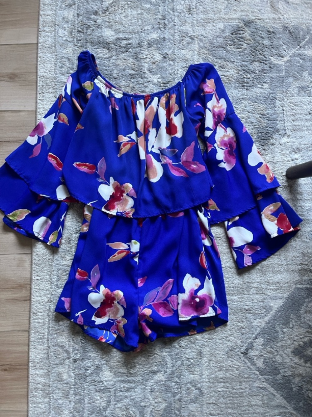 Pink Lily Royal Blue Floral Off-Shoulder Romper